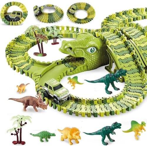 Hot DIY Railway Toys Dinosaur Racing Track Rail Car Bend Flexible Race Track Flash Light Car Toys for Children Gifts