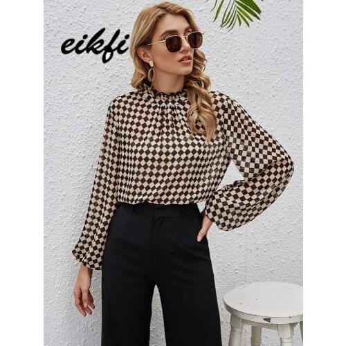 EIKFI Women Multicolor Frill Neck Checkerboard Blouse Top Spring Lantern Sleeve Office Lady Plaid Elegant Casual Blouses Tops