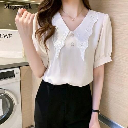 2021 Summer Lace Crochet Lapel Short Sleeve Shirt New Women Elegant Shirt Chiffon Solid Temperament Tops for Women Blusa 14751