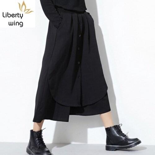 2020 New Korean Style Faux 2 Pieces Spliced Fashion Wide Leg Skirt Pants Women Streetwear Hip Hop Loose Black Trousers Ladies