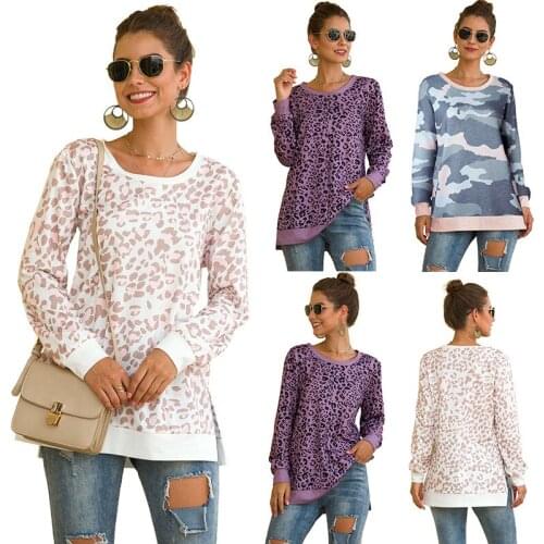 2020 Autumn and Winter New Leopard Print Camouflage Print Hoodie Stitching Womens Round Neck Fashion Casual Loose Pullover Top