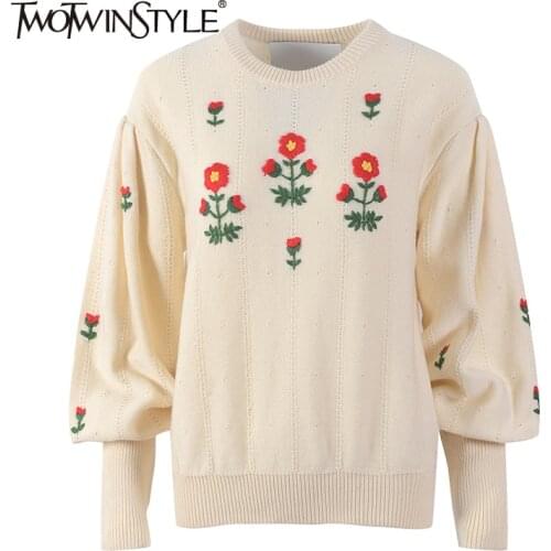 TWOTWINSTYLE Casual Apricot Embroidered Womens Sweater Round Neck Lantern Long Sleeve Korean Fashion Sweaters Female Autumn New