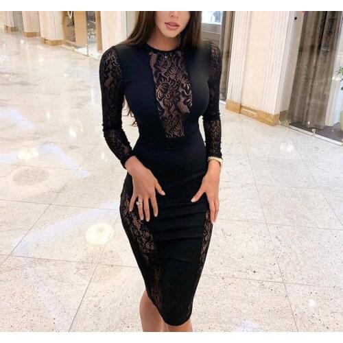 Women Winter Autumn Black Dress Lace Patchwork See Through Bodycon Party Dress
