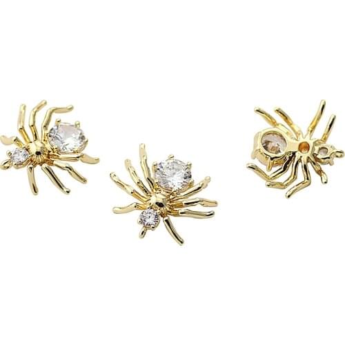 5pcs 16*13mm 24K Champagne Gold Color Plated Brass With Zircon Spider Charms Necklace Pendants,High Quality DIY Jewelry Supplies
