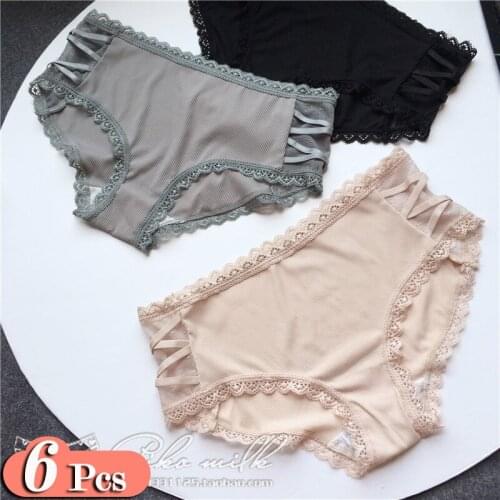 6Pcs/Lot Lovely Cross Sexy Panties Ice Silk Floral Lace Women Underwear Seamless Briefs Set Female Transparent Fashion Briefs