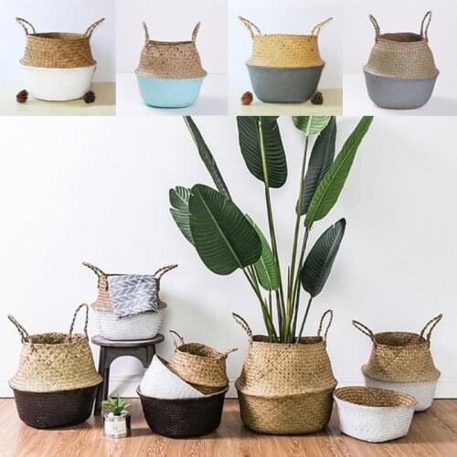 Handmade Bamboo Storage Baskets Foldable Laundry Straw Patchwork Wicker Rattan Seagrass Belly Garden Flower Pot Plant Basket