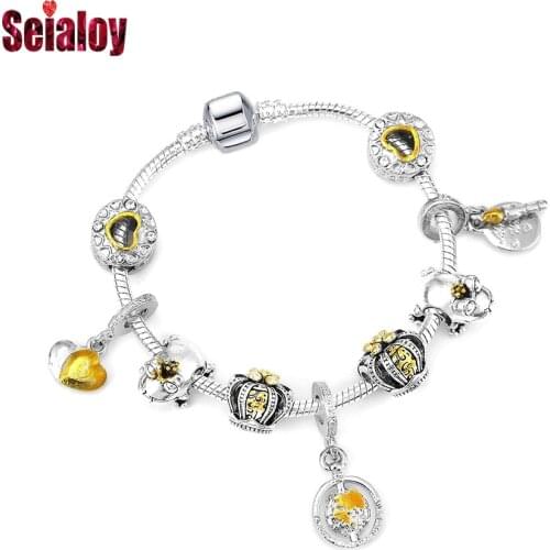 Seialoy New Two-tone Rotating Earth Charm Bracelets For Women Original Frog Prince Crown Beaded Birthday Candle Pendant Bangles