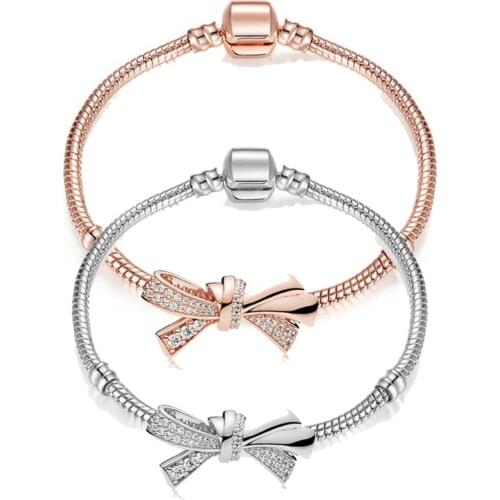 Bow rosette charm bracelet fit original European bracelet & bangle accessories diy bead jewelry making snake chain women gift