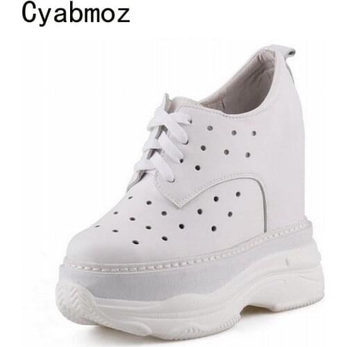 Cyabmoz Height increasing Shoes Woman Pumps Genuine Leather Hollow Women Sexy Hidden High heels Breathable Ladies Party Shoes