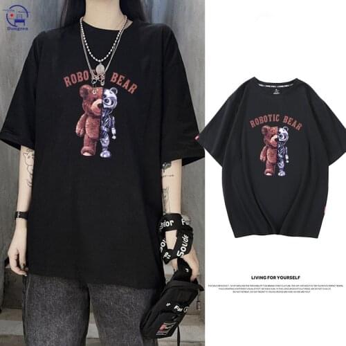 T-shirt Female 2021 Spring Summer Womens Casual Oversize Tees Cute Bear Print Loose Graphic Tops Girl T shirt pure cotton