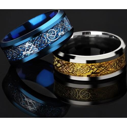 2021 Man Ring Gold Blue Carbon Fiber Gold Dragon Inlay Comfort Fit Stainless Steel Rings for Men Wedding Band Ring Wholesale