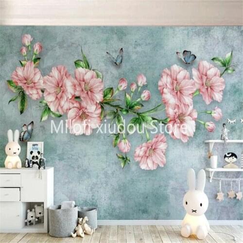 Custom 3D wallpaper mural Nordic painted hand-painted watercolor flowers pastoral living room background wall decoration wallpap