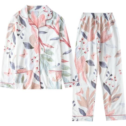Women Long Sleeve Nightwear Autumn 100% Cotton Knitted Pajama Set Turn-down Collar Leaves Printing Pajamas Loungewear Sleepwear