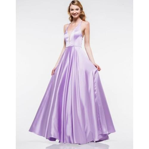 Simple Evening Dresses Backless Lilac Satin Woman Party Dress for Wedding A Line V Neck vestidos de fiesta de noche Women Dress