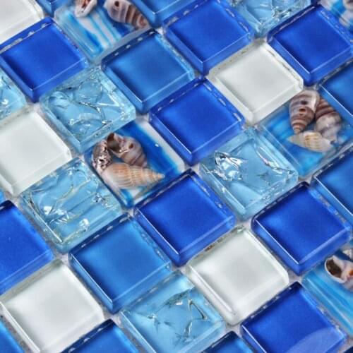 Crystal Galss Shell Resin Mosaic Tile Blue White mother of pearl wall tile kitchen backsplash bathroom background 3D wallpaper