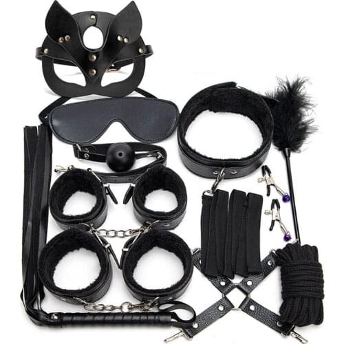 Sex Games Leather BDSM Kits Plush Sex Bondage Set Handcuffs Adults Sex Toys for Women Nipple Clamps Whip Clip Juguetes Sexul3s