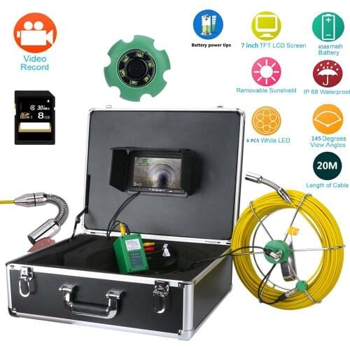 Pipe Inspection Video Camera, 20M/30M IP68 Waterproof Drain Pipe Sewer Inspection Camera System 7"LCD DVR 1000TVL Camera with 6W