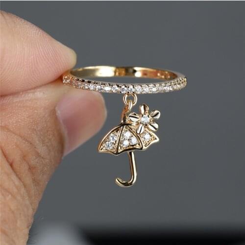 Vintage Gold Silver Color Wedding Ring Cute Flower Small Umbrella Pendant Ring Dainty White Zircon Round Rings For Women Jewelry