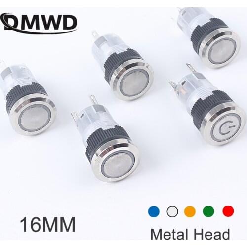 16mm Waterproof Metal Head Push Button Switch with LED Lamp Momentary Latching PC Power Switches 3V-6V 12V-24V 220V
