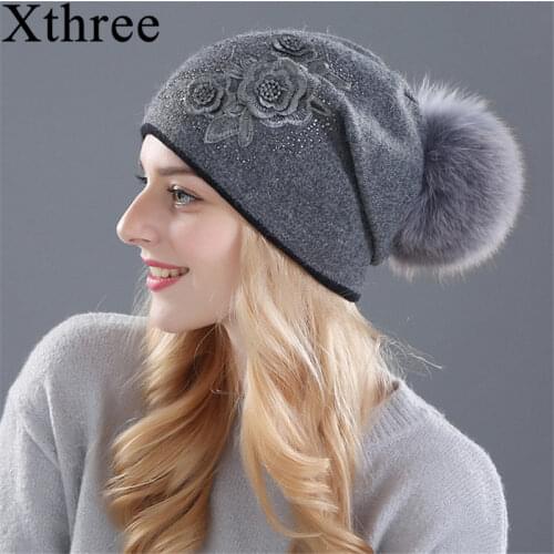 Xthree Women Winter Beanies Hat for Women Shining Rhinestone Cashmere Wool Knitted Hat The Female Winter Hat Fur Pom Pom