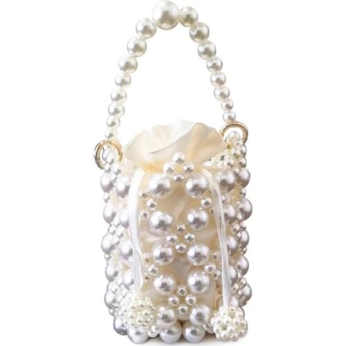 Female Chic Shoulder Bag Wedding Korean Hollow Out Pearls Handbag 2021 Autumn New Handmade Woven String Beaded Bucket Purse
