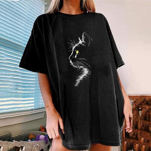 Cat Printed Women T Shirt Short Sleeve O-neck Female Tops Tees Loose Vintage Clothing Leisure T Shirts Oversize Womens T-shirt
