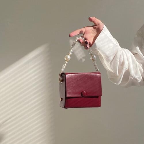 Retro PU Leather Women Crossbody Bags Fashion Ladies Pearl Chain Small Square Shoulder Box Bag Evening Clutch Purse Mini Handbag