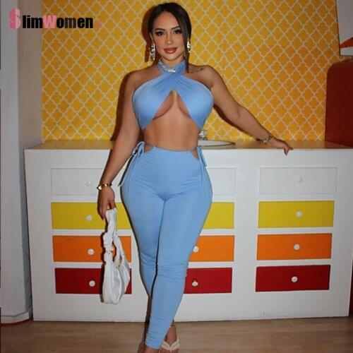 2021 Summer Clothes Y2k Crop Top Bandage Hollow Pants Two Piece Set Birthday Vacation Outfits for Women Sexy Club Matching Sets