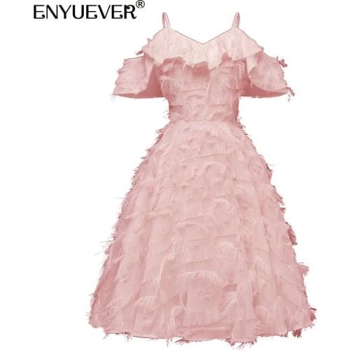 Enyuever Short Pink Tassel Dress Women Clothing Summer Sleeveless Spaghetti Strap Ruffle Elegant Beach Party Dresses