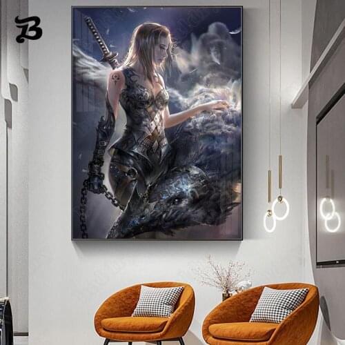 Canvas Painting Animation Sword Holding Beautiful Female Soldier Canvas Posters and Prints for Living Room Home Wall Decoration