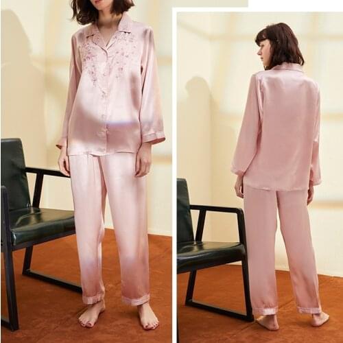 100% Pure Silk Womens Embroidery Pajama Set Sleepwear Nightgown M L XL YM006