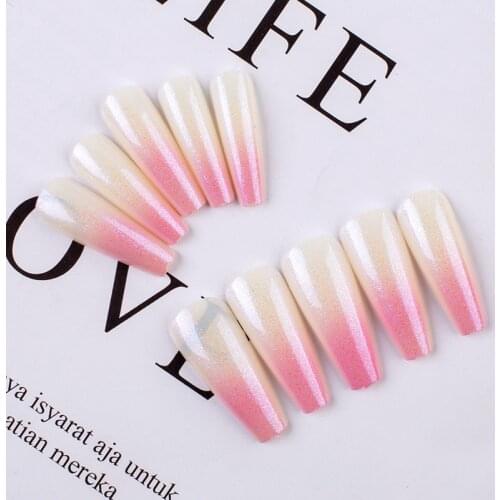 24pcs Extra Long Gradient Color Pink Ballerina Fake Nails Art Reusable Coffin Glitter Powder Nail Decoration Manicure Tools