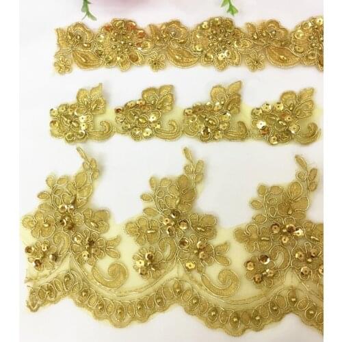 3Yard/Lot Gold Handmade DIY Bead Sequin Wedding Lace Fabric 4.5CM-13CM Wide Embroidery Lace Trim Dress Clothes Sew Accessories