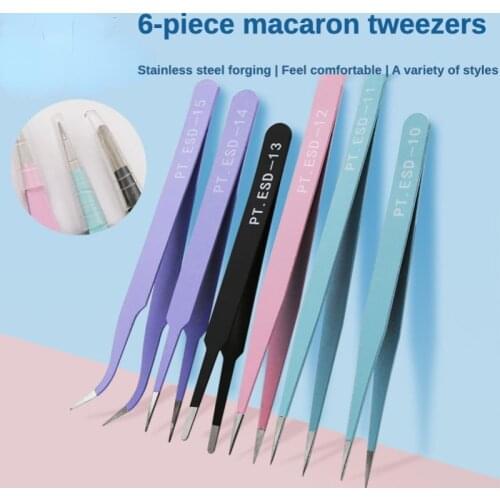 6pcs Electronics Tweezers Supporting Non-stainless Steel Coloring ESD Tweezers Non-magnetic Tweezers Suits Multicolor Selectable