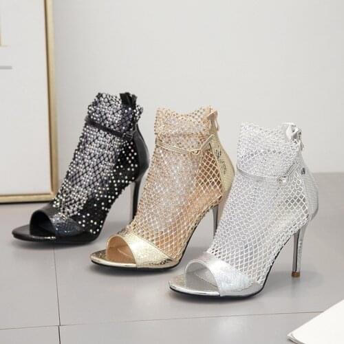 Europe and America Often High-heeled Sandals Womens 2020 Rhinestone Hollow Fish Mouth Banquet Shoes Rome Cool Boots