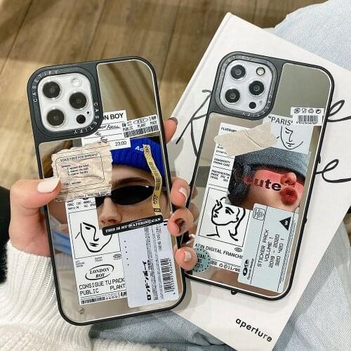 Luxury Illustration Label Mirror Phone Case for iPhone 12 Mini 11 Pro Max 7 8 plus XR SE 2020 X XR XS Max Shockproof Back Cover