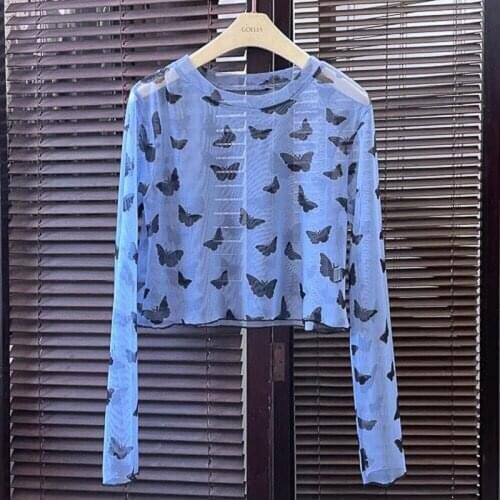 T-shirts Women Summer new Butterfly print yarn bottoming shirt O-neck long-sleeve T-shirt loose female casual oversized tops