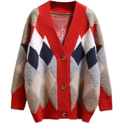 Cardigan Winter Plaid Long Sweater Womens Button Red Sweaters V-Neck Thicked Loose Casual Student Winter New 2020 Warm Clothes