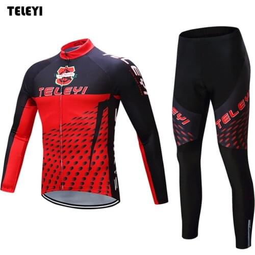 TELEYI Team Cycling Outfits Mens Ropa Ciclismo Long Sleeve Jersey Bib Pants Kits Bicycle Jacket Trousers Set Red-Black