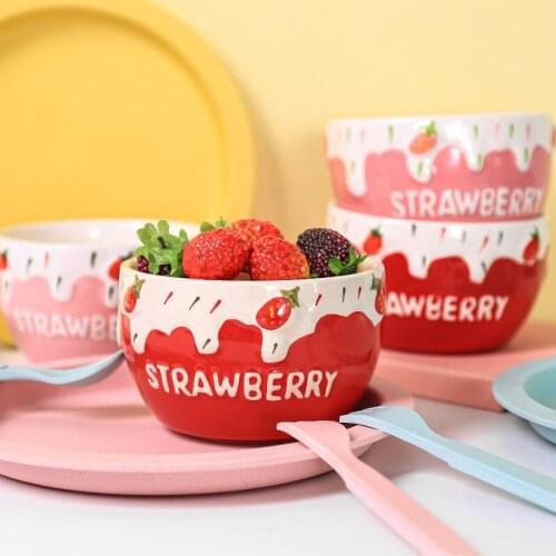 Creative lovely strawberry ceramic bowl salad bowl Japanese bowl personality girl heart single family student rice bowl