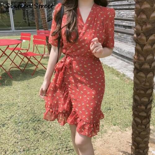 Maxi Dresses for Women Summer Lace Up V Neck Printed Chiffon Ruffled Y2k Aesthetic Korean Fashion Clothing Vestido De Mujer New
