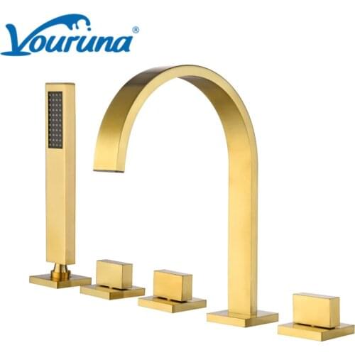 Vouruna Brushed Golden Deck mounted Bathtub Faucet Shower Mixer Tap Bathing Filler