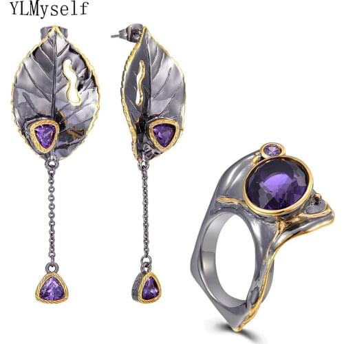 Cool Earrings ring sets Purple stones Jewelry Cocktail party Accessories Rings Womens Jewellery 2pcs set
