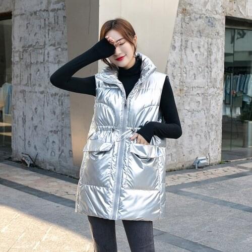 New 2021 Winter Womens Vest Long Sleeveless Coat Female Stand-Up Collar Waistcoat Ladies Outerwear Black