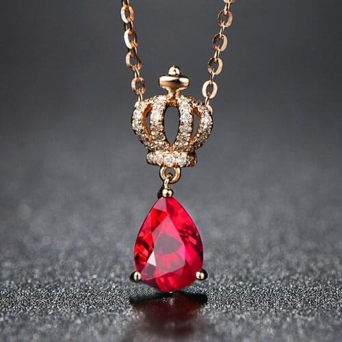 Classic Crown Ruby Water Drop Pendant Necklace Chokers for Women Rose Gold Luxury Temperament Jewelry Girls Quartz Sexy Gift