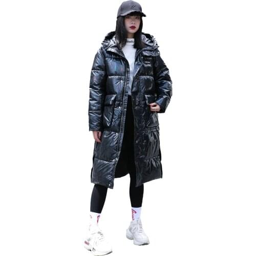 Women Winter Hooded Windproof Big Pocket Side Button Long Glossy Coat Puffer Jacket Cotton Padded Parkas Outwear Overcoat
