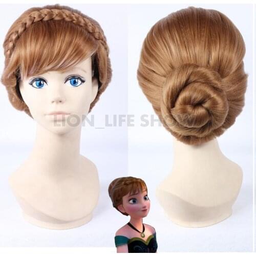 High Temperature Fiber Double Braids Natural Brown Mix Blonde Anna princess Updo Synthetic Cosplay Wig + Wig Cap