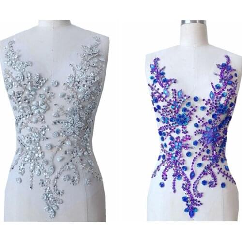 Handmade colour Hot drilling Rhinestone pearl lace embroidery patch applique wedding dress bordados DIY Performance clothing