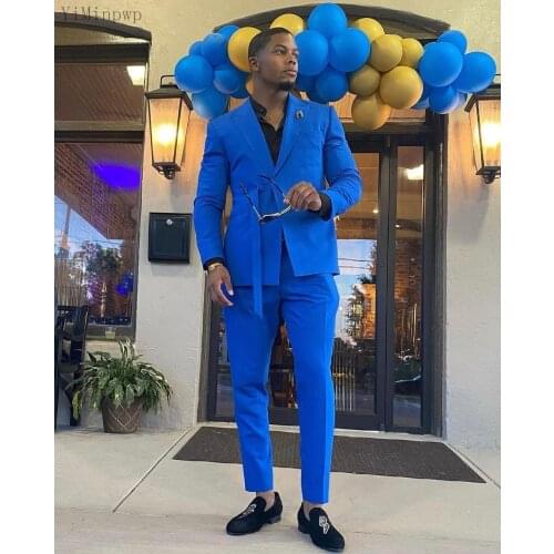 YiMinpwp Blue Men Suits Peaked Lapel Belt Prom Suits Slim Fit Blazer Jacket Men Tuxedos Groom Wedding Suits 2 Piece Jacket+Pant