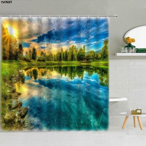Natural Scenery Forest Lake Shower Curtain Wooden Bridge Sunset Flower Landscape Fabric Bathroom Supplies Decor Hanging Curtains